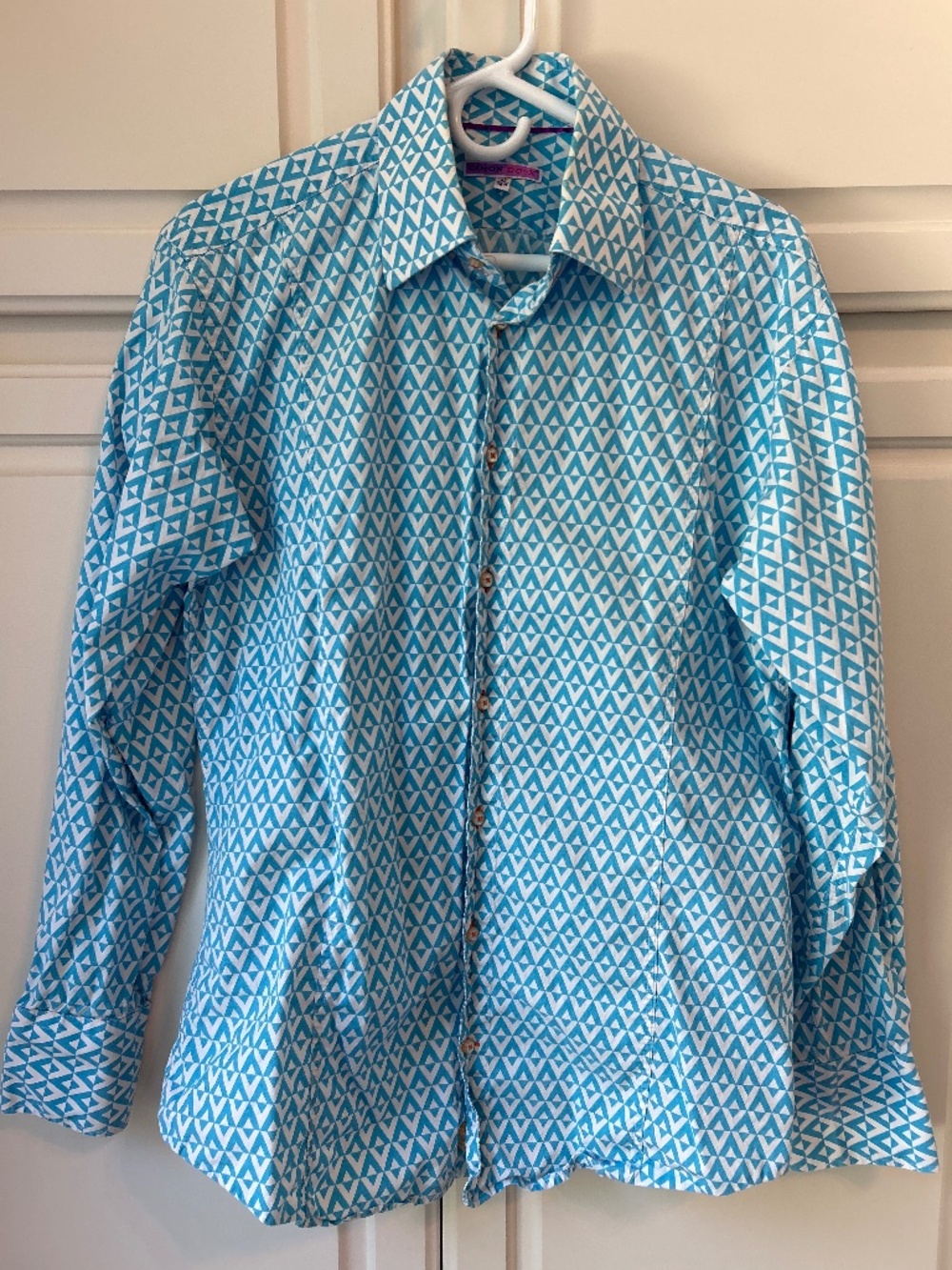 Coton Doux Button Down Long Sleeve Shirt Blue Geometric 42/16.5 Slim Fit